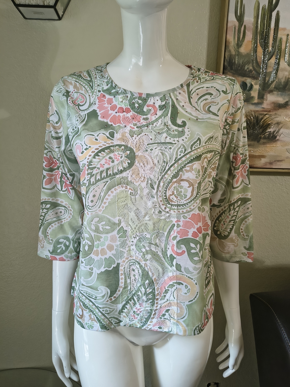 Paisley Print Crewneck Top in Sage and Coral